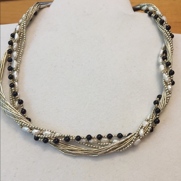 VNTG Native 925 liquid sterling silver, pearl, onyx necklace! - Picture 1 of 6